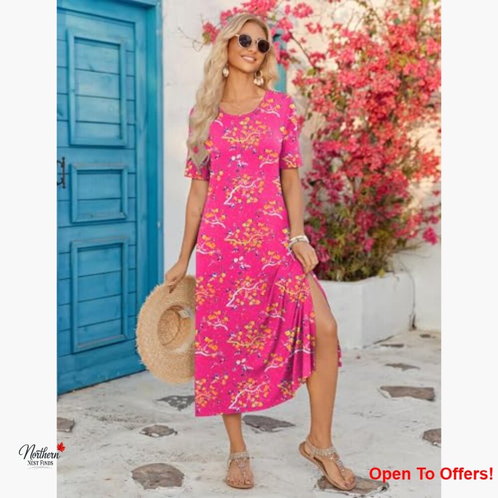 Polyester Spandex Floral Summer Dress Casual Beach Split Long Dress - Picture 4 of 6